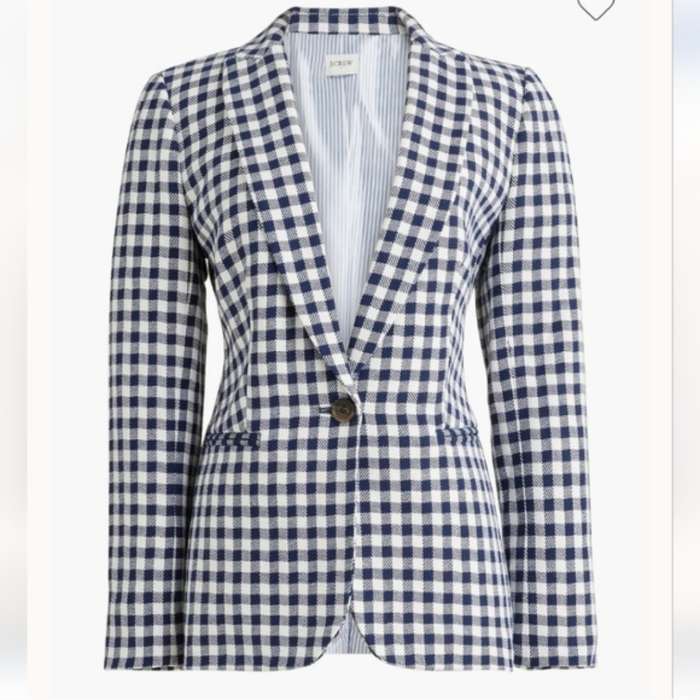 J. Crew Factory Linen Blend Navy And White Gingham Single Button Blazer